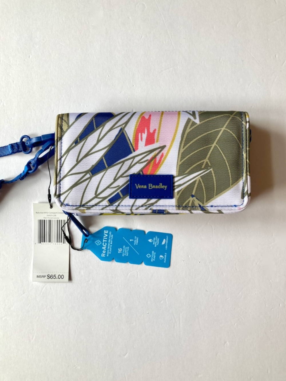 NWT Vera Bradley ReActive RFID Compact Crossbody Bag Rain Forest Leaves 7 x 3.5"